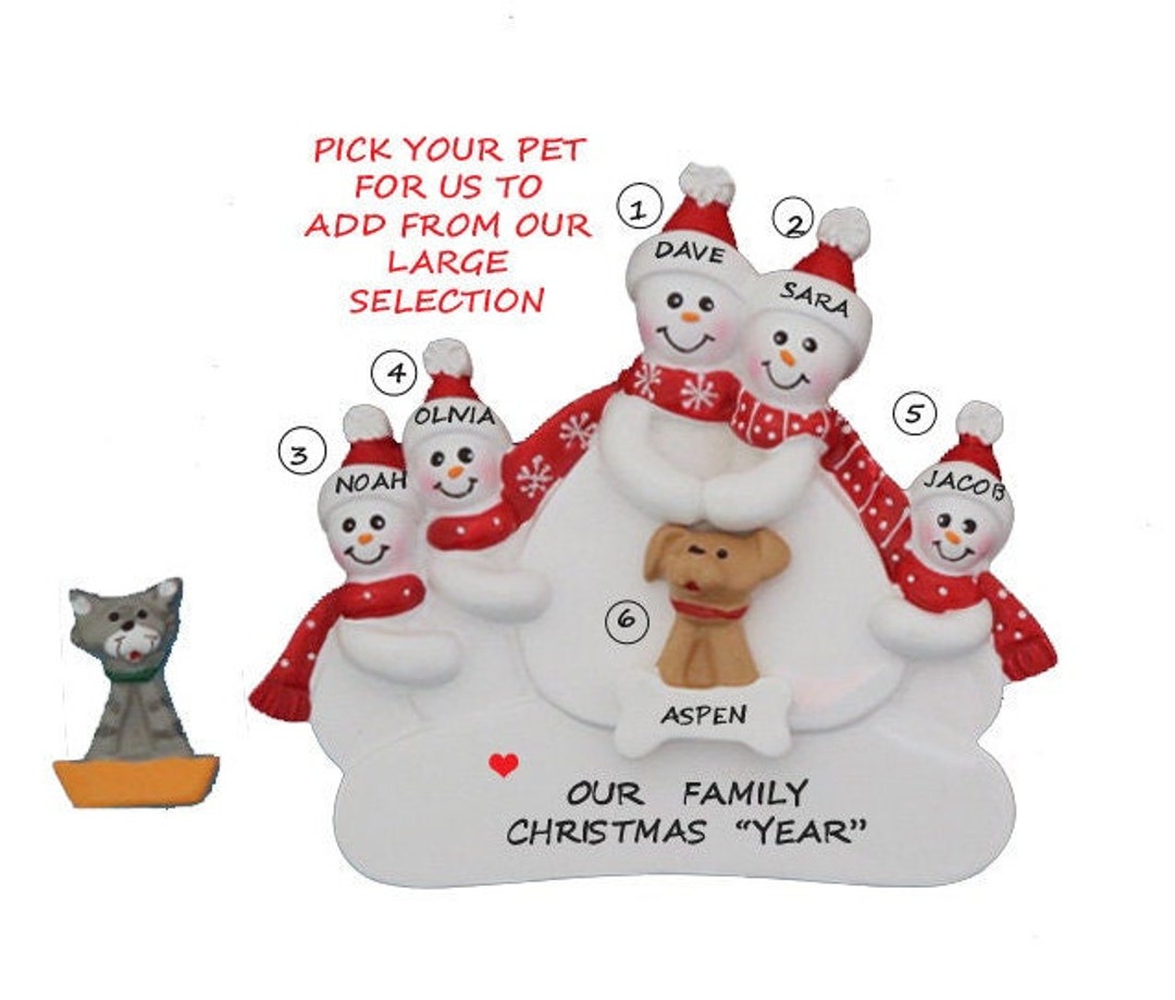 Personalized Snow Family of 5 Ornament With Family Pet Dog or Cat Added ...