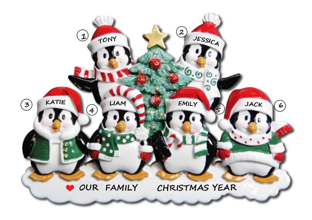 Personalized Penguin Family of 6 Christmas Ornament - Group of 6 ...