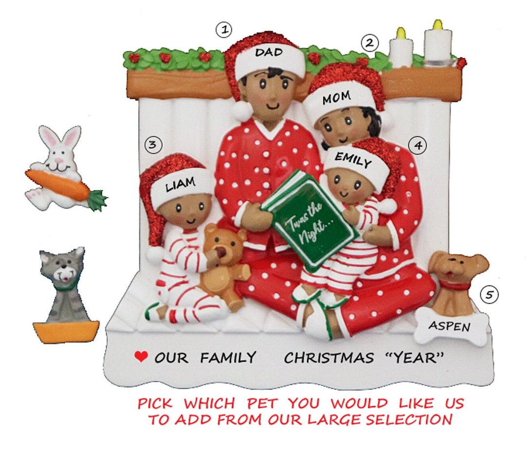 Personalized Family 4 Snuggled in Bed Reading With Dog or Cat Christmas ...