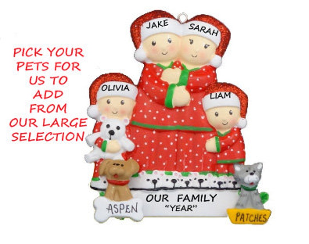 Personalized Family of 4 Ornament With 2 Dogs or Cats - Pajama Family ...