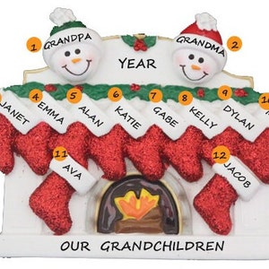 Personalized Family of 12 Fireplace Christmas Ornament Grandparents Ornament with 10 Grandkids