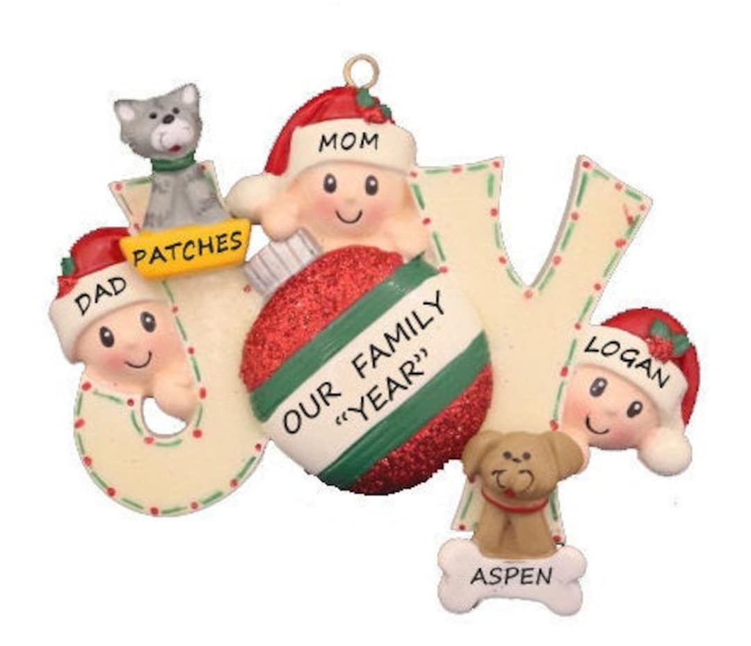 Joy Family 3 Personalized Ornament With 2 Dogs or Cats Added - Family ...