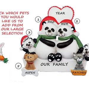 Personalized Ornament Panda Bear Family 4 with 2 Dogs Cats or Bunny Added - Personalized Christmas Ornament Family 4 Panda Bears with Pets