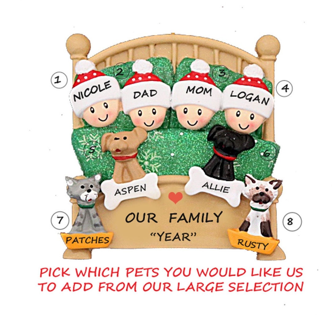 Personalized Family 4 Snuggled in Bed With 4 Dogs or Cats Added ...