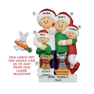 Family of 4 Personalized Christmas Ornament with Dogs, Cats or Bunnies Added -Family of Four Ornament with Dog, Cat or Bunny Added