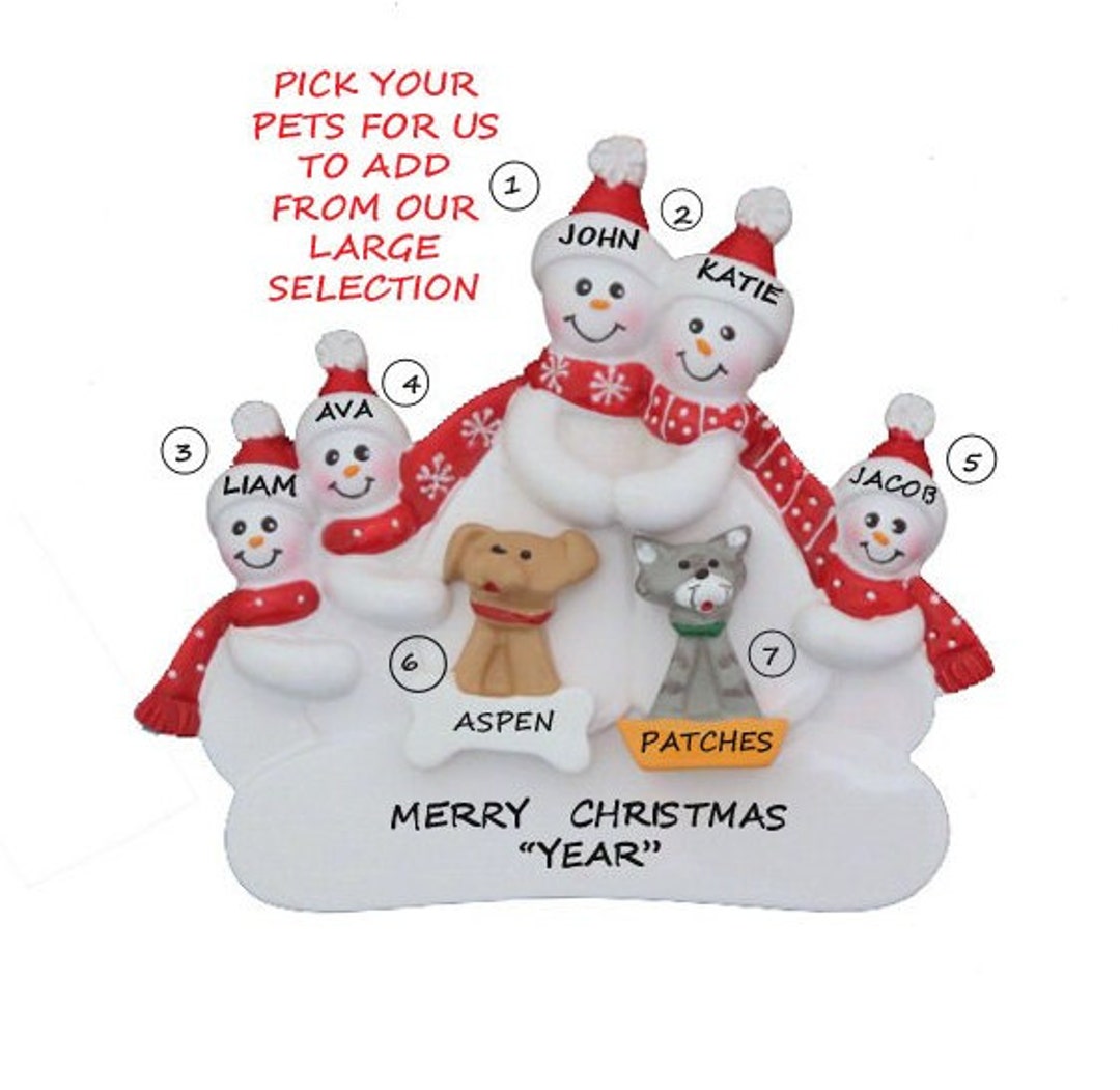 Personalized Snow Family of 5 Ornament With 2 Pets - Snow Family of 5 ...