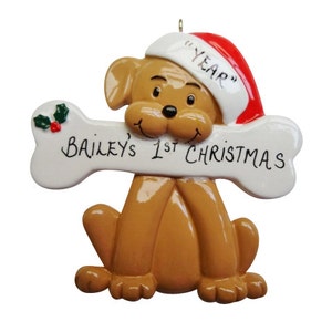 Personalized Dog Holding a Bone Christmas Ornament- Tan Dog - Black Dog - White Dog