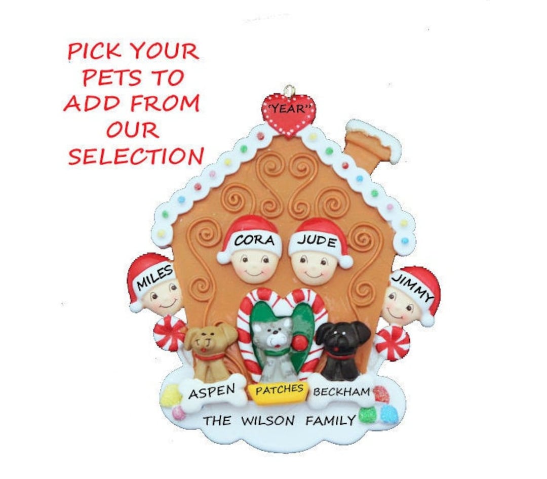 Gingerbread House Family 4 Personalized Ornament With 3 Dogs or Cats ...