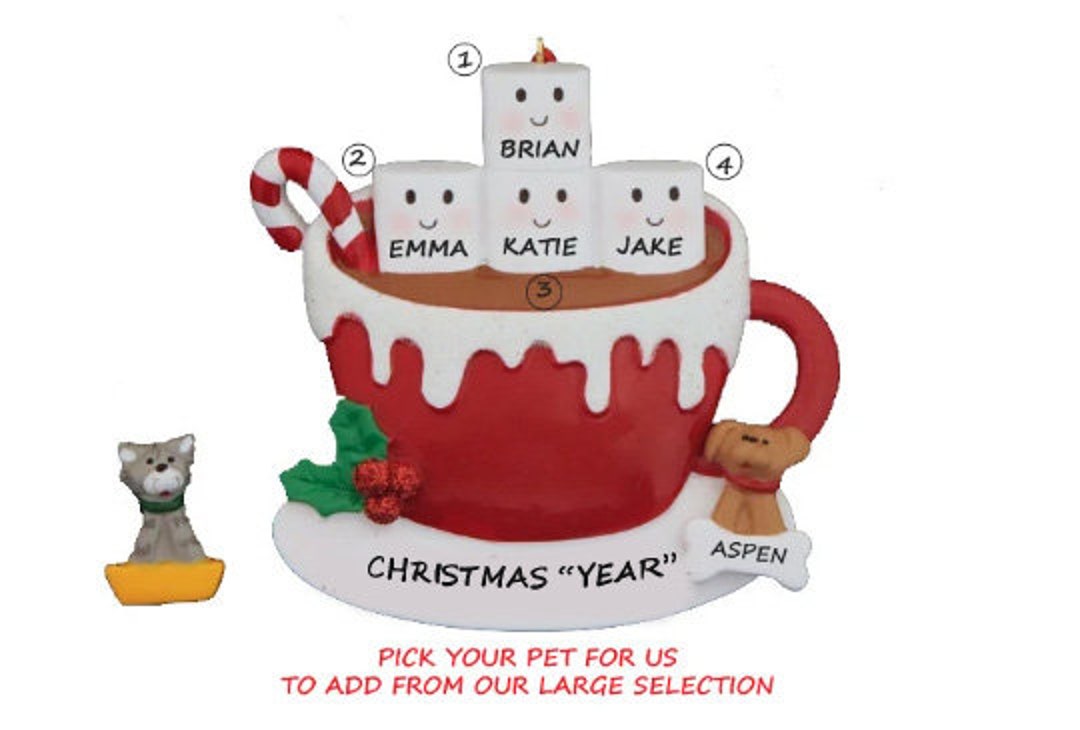 Personalized Ornament Marshmallow Cup Family 4 With Dog, Cat or Bunny ...