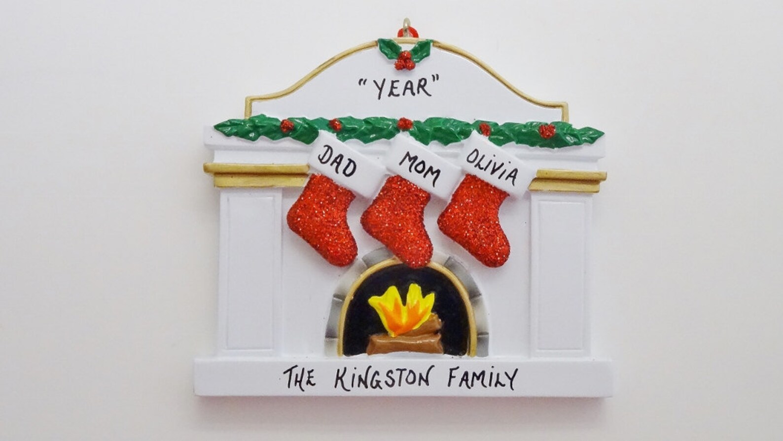 2 fireplace stockings Personalized Fireplace Ornament With 3 Stockings | Etsy