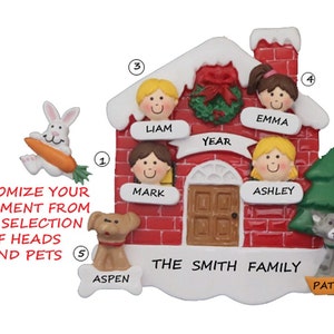 Personalized Family of 4 Happy Home Ornament with Cats, Dogs and Other Pets To Include - Moving - Our New Home with Pet Add On Choices