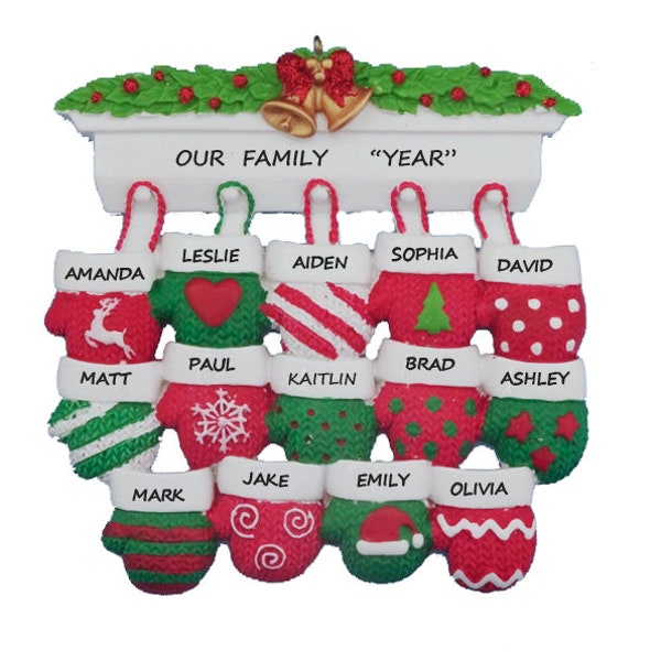 Family of 14 Mittens Personalized Christmas Ornament -Personalized Ornament for a Group of 14 - Personalized 14 Grandkids Christmas Ornament