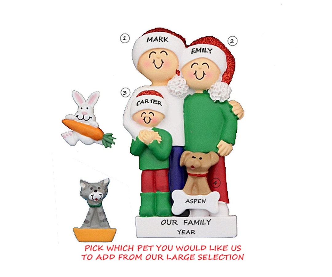 Family of 3 Personalized Christmas Ornament With Custom Dog, Cat or ...