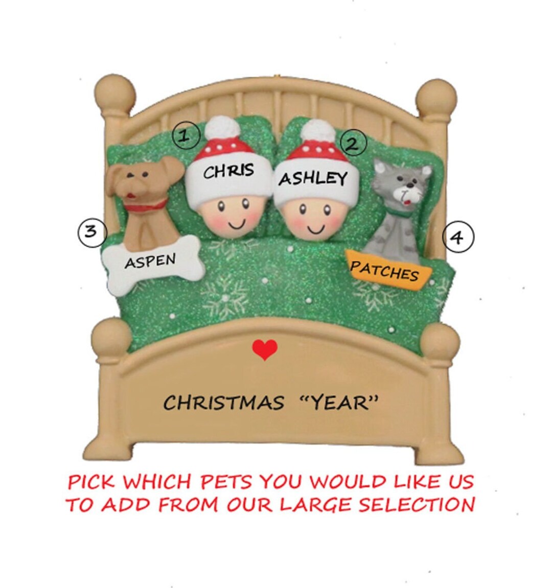 Personalized Couple Snuggled in Bed With 2 Dogs or Cats Added Christmas ...