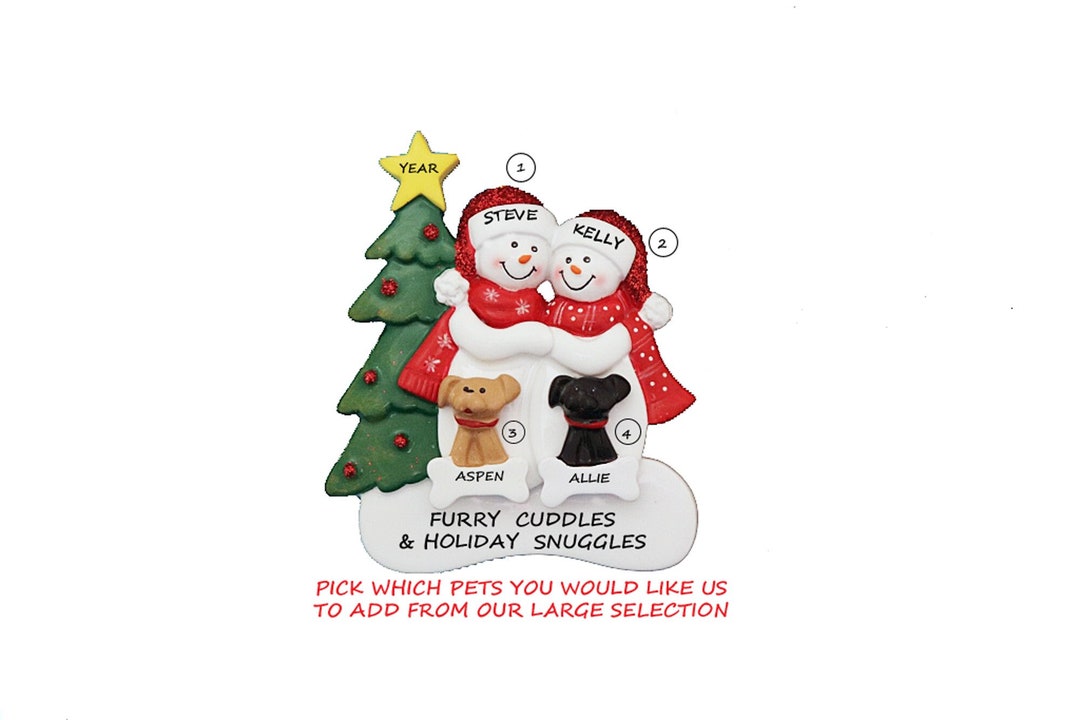 Merry Christmas Personalized Snow Couple by the Tree With 2 Dogs ...