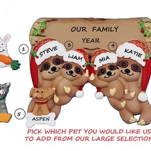 Sloth Family of 4 with Dog, Cat or Bunny  Personalized Ornament- Couple with 2 Children and Pet Personalized Ornament