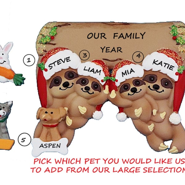 Sloth Family of 4 with Dog, Cat or Bunny  Personalized Ornament- Couple with 2 Children and Pet Personalized Ornament
