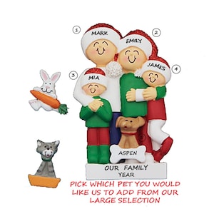 Family of 4 Personalized Ornament with Custom Dog, Cat or Bunny Added -  Four People Ornament with Dog, Cat or Bunny Added