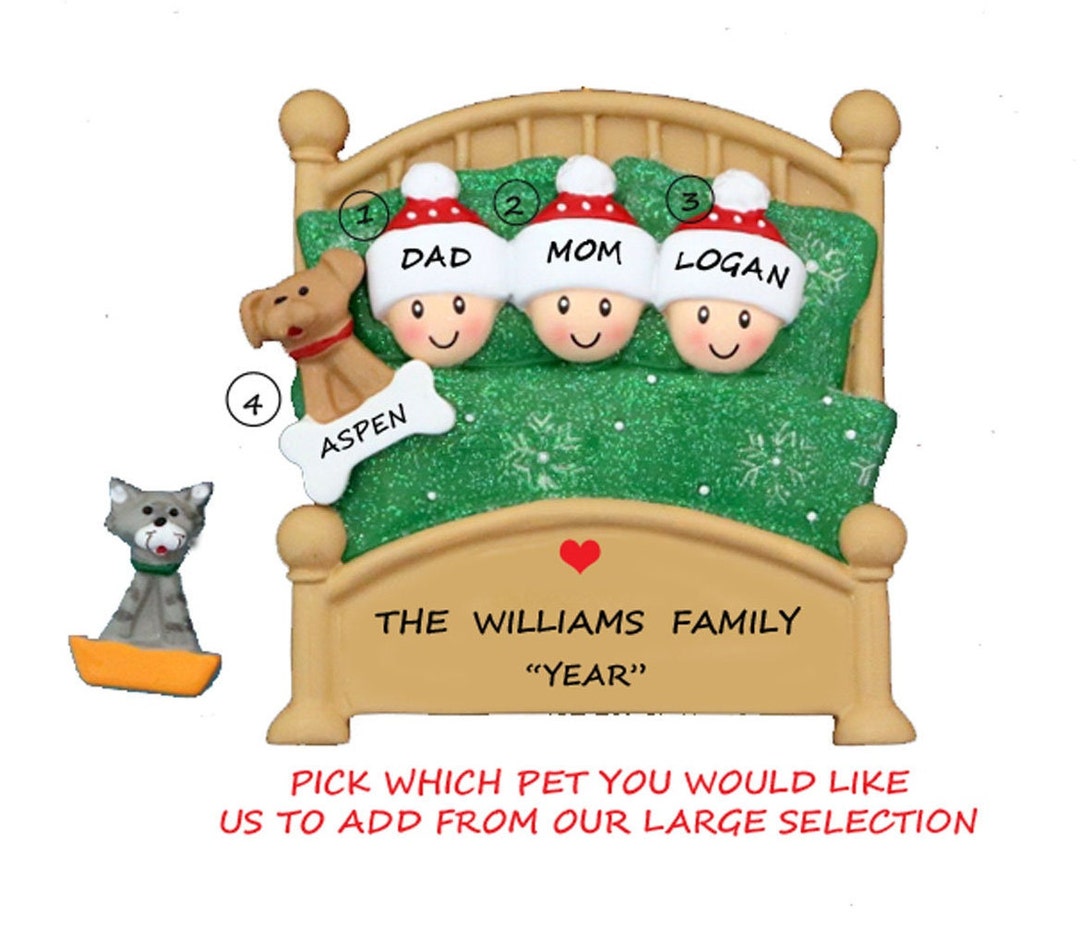 Personalized Family of 3 Snuggled in Bed With Dog or Cat Christmas ...