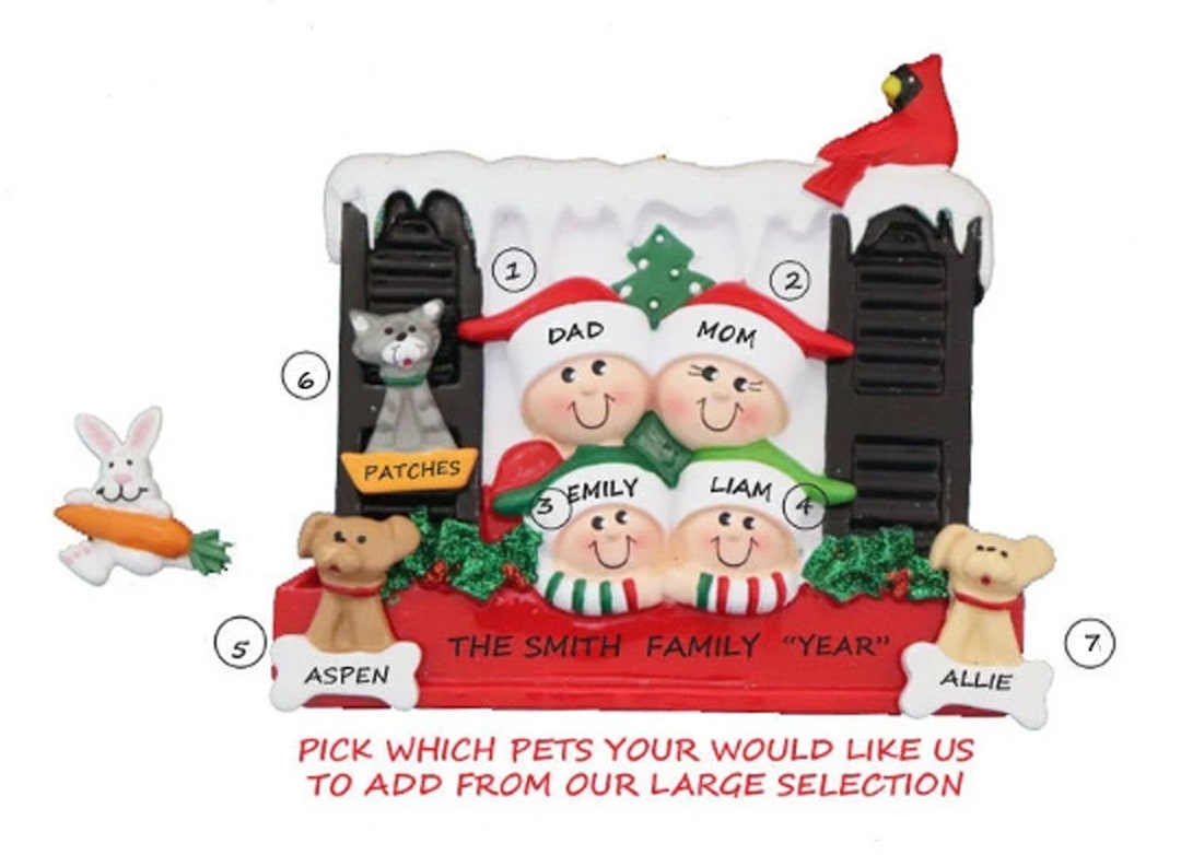 Personalized Family of 4 Looking Out Window Ornament With 3 Dogs or ...