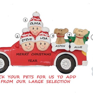 Family 3 in Pickup Truck with 2 Dogs Christmas Ornament - Personalized Family 3 in Truck with Dogs or Cats Christmas Ornament