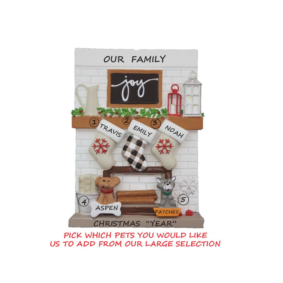 Modern Fireplace Stocking 3 Personalized Ornament With 2 Dogs or Cats ...