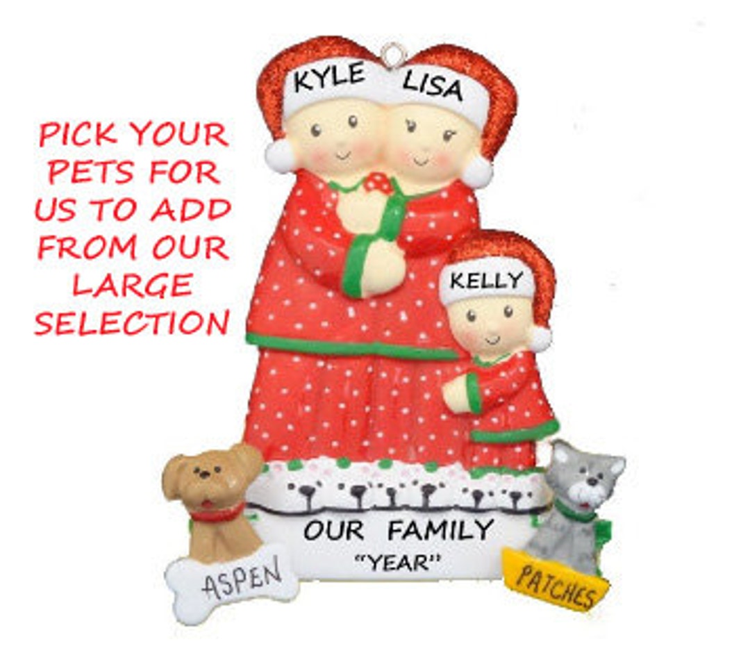 Personalized Family of 3 Ornament With 2 Dogs or Cats - Pajama Family ...