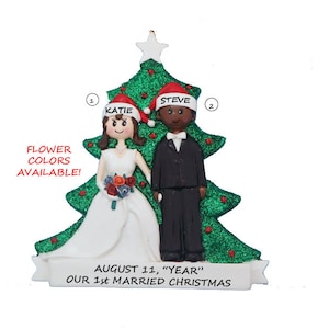 Personalized Couple Just Married Wedding Christmas Ornament-Flower Bouquet Choices-First Married Christmas Ethnic Couple Interracial Couple