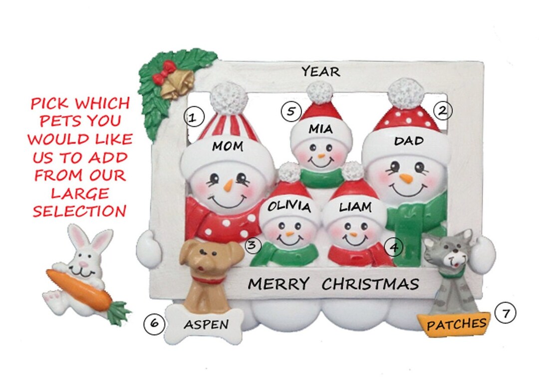 Personalized Snow Family of 5 Looking Through Frame With 2 Pets ...