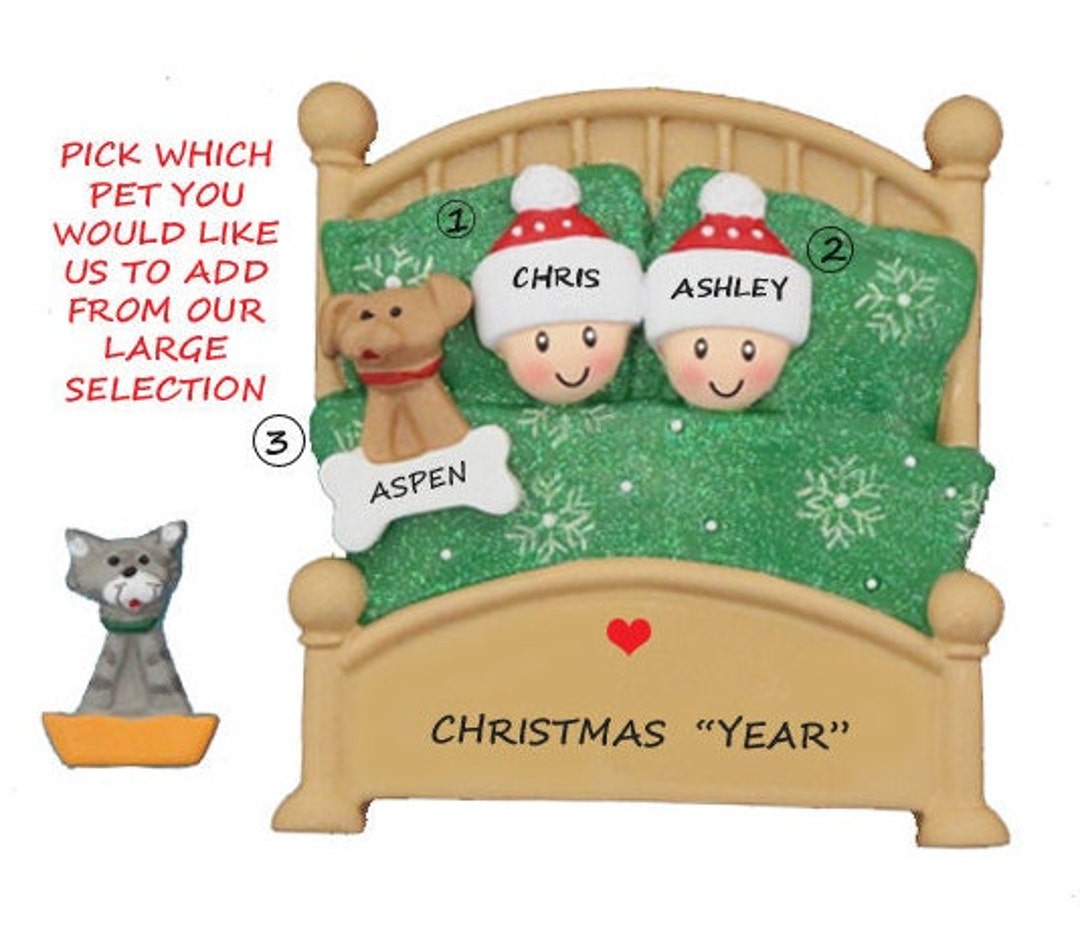Personalized Couple Snuggled in Bed With Dog or Cat Christmas Ornament ...