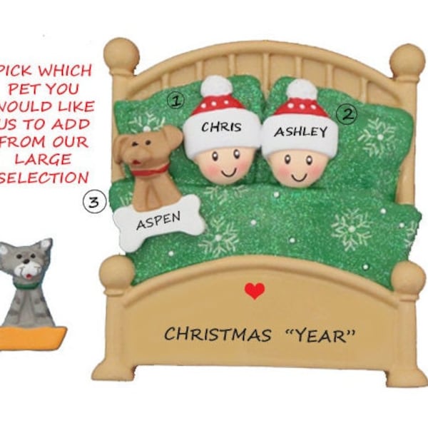 Personalized Couple Snuggled in Bed with Dog or Cat  Christmas Ornament - Our 1st Christmas Personalized Ornament -Custom Hand Personalized