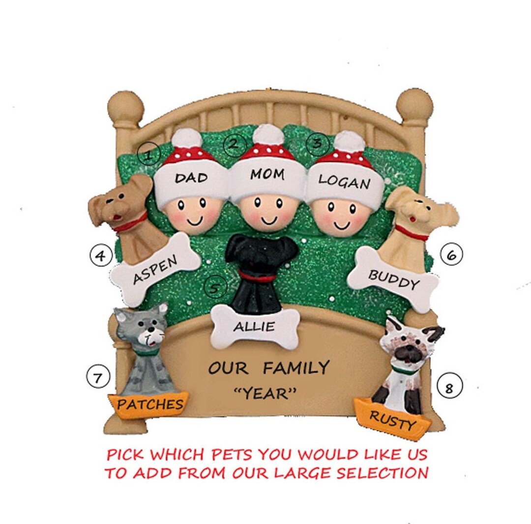 Personalized Family of 3 Snuggled in Bed With 5 Dogs or Cats Added ...