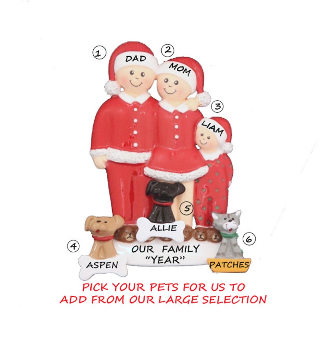 Personalized Family of 3 Ornament With 3 Dogs or Cats - Pajama Family ...