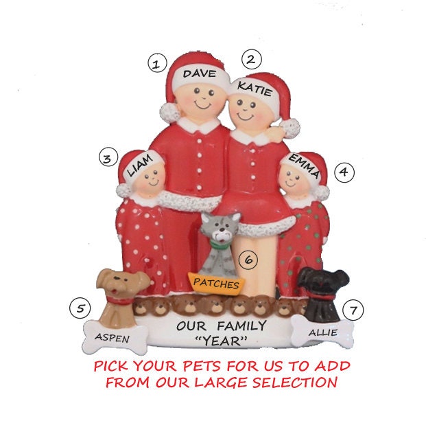 Personalized Family of 4 Ornament With 3 Dogs or Cats - Pajama Family ...