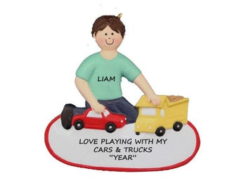 Boy Loves Playing with Cars and Trucks Personalized Ornament - Child Playing with Cars Christmas Ornament