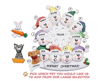Snow Family 10 with Snowflake Celebrating Christmas  Personalized Ornament with Dog or Cat Added  Family Ornament With Pet
