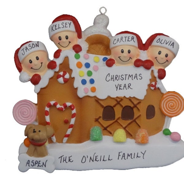 Gingerbread House Family 4 Personalized Ornament with Dog or Cat- Family of Four Personalized Ornament with Custom Dog or Cat Added