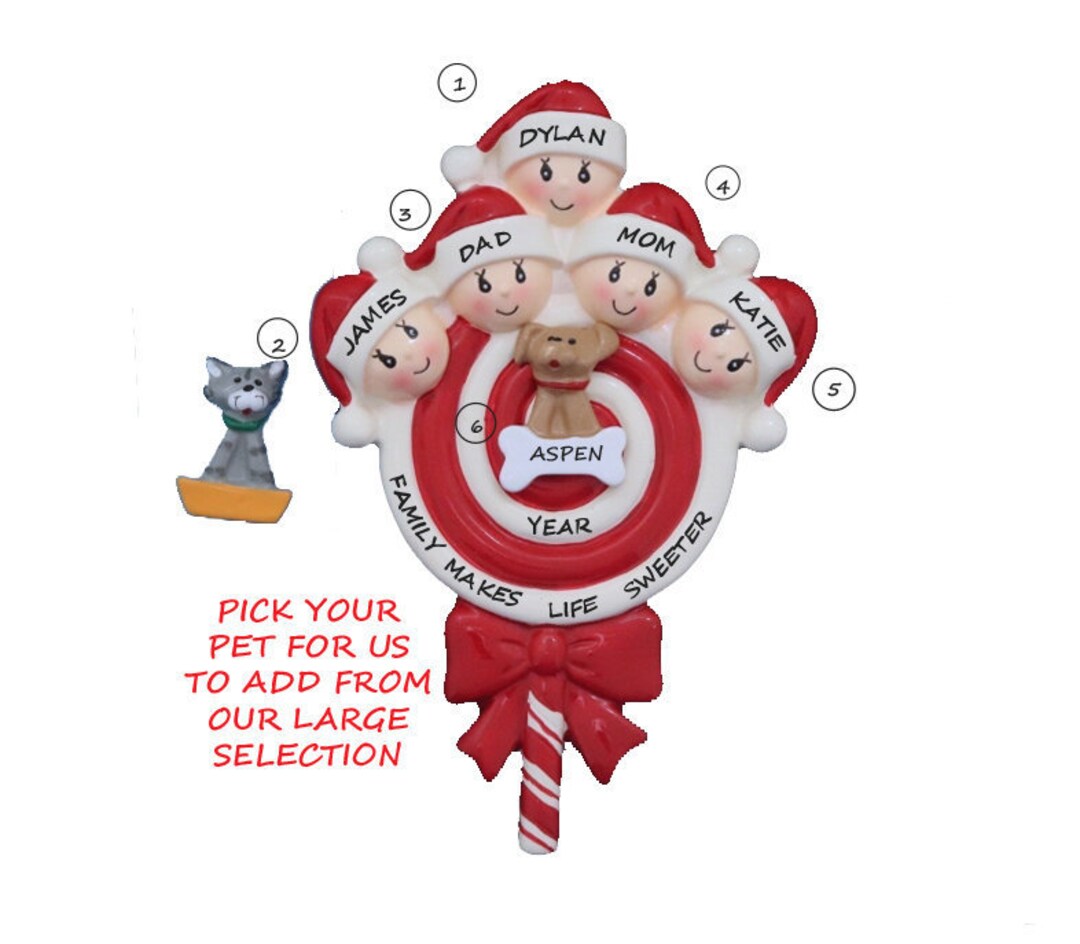 Family of 5 Lollipop Christmas Personalized Ornament With Dog or Cat ...