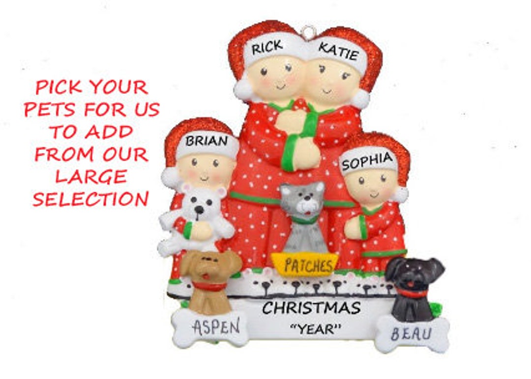 Personalized Family of 4 Ornament With 3 Dogs or Cats - Pajama Family ...