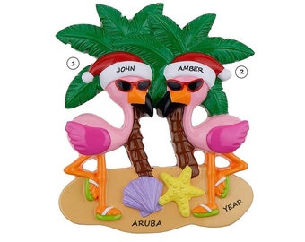 Adorno personalizado "Pareja de flamencos, vacaciones tropicales, lugar feliz" - Adorno personalizado "Pareja de vacaciones caribeñas"