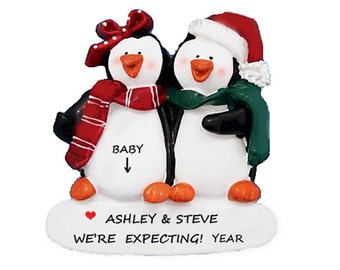We're Expecting Penguin Couple Personalized Christmas Ornament - Pregnancy Ornament for Couple