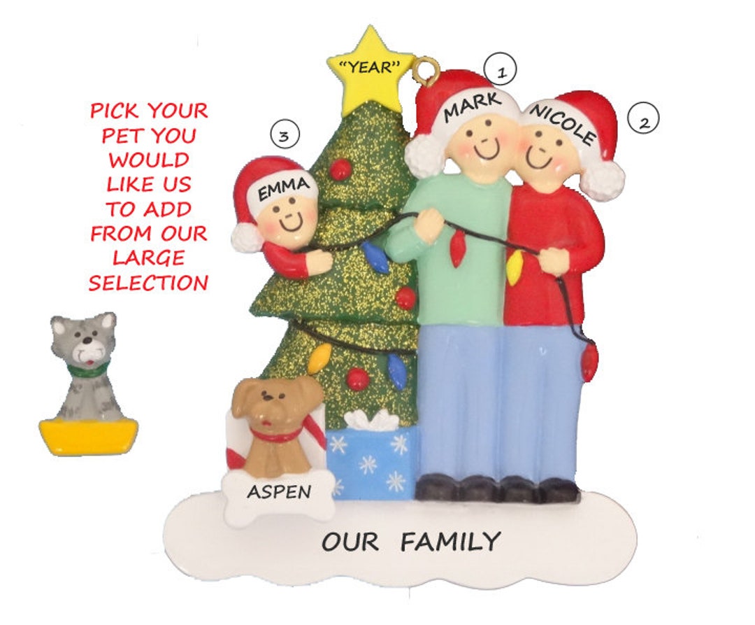 Family of 3 Personalized Ornament With Custom Dog or Cat Added ...