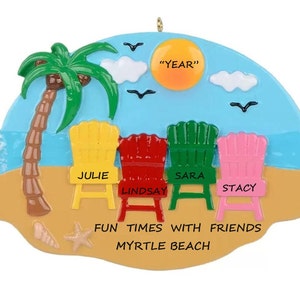 Personalized Ornament 4 Friends Beach Vacation Trip - Group or Family of 4 Beach Chairs Personalized Ornament