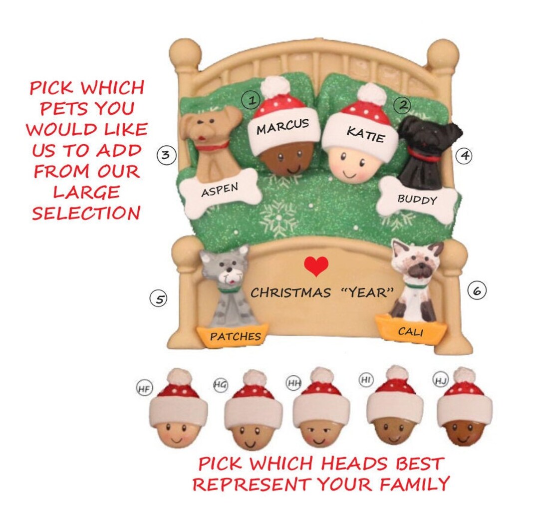 Personalized Couple Snuggled in Bed With 4 Dogs or Cats Added Christmas ...