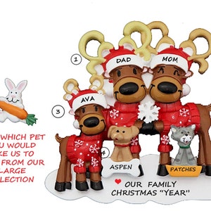 Personalized Reindeer Family of Three Ornament with 2 Custom Dogs, Cats or Bunnies Added - Reindeer Family 3 Ornament with 2 Dogs or Cats