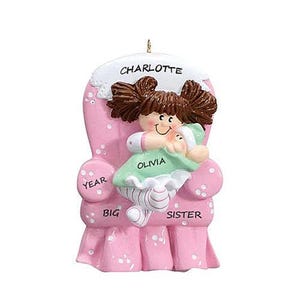 Proud New Big Sister Personalized Christmas Ornament - Big Sister Holding New Sibling on Pink Chair