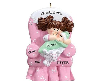 Proud New Big Sister Personalized Christmas Ornament - Big Sister Holding New Sibling on Pink Chair