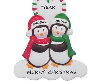 Personalized Penguin Couple Christmas Ornament - Penguin Couple Celebrating Christmas Together Ornament