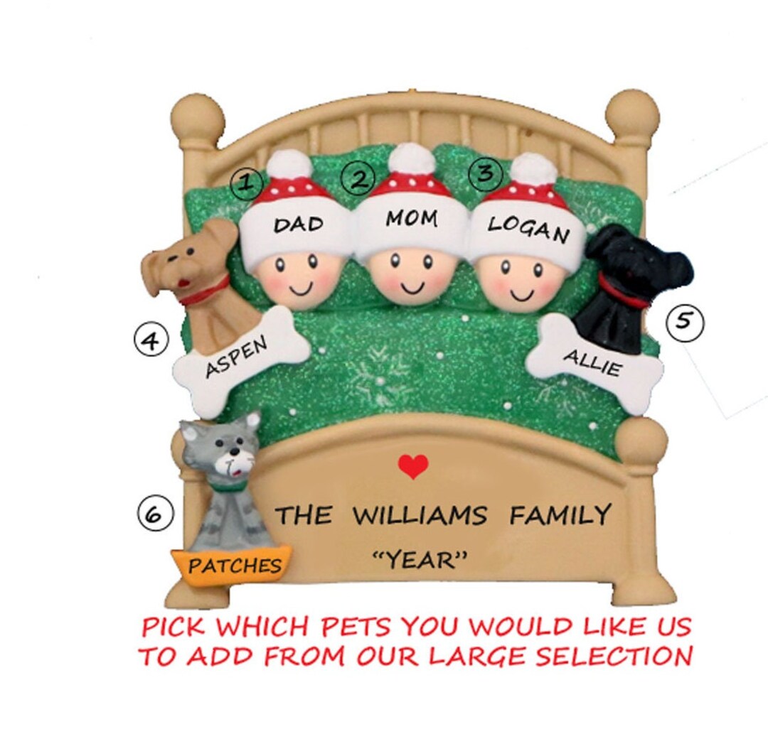 Personalized Family 3 Snuggled in Bed With 3 Dogs or Cats Added ...