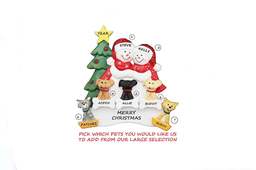 Merry Christmas Personalized Snow Couple by the Tree With 5 Pets ...
